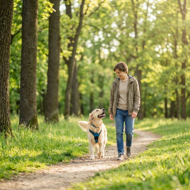 Happy Golden Retriever walking with owner in a sunny park