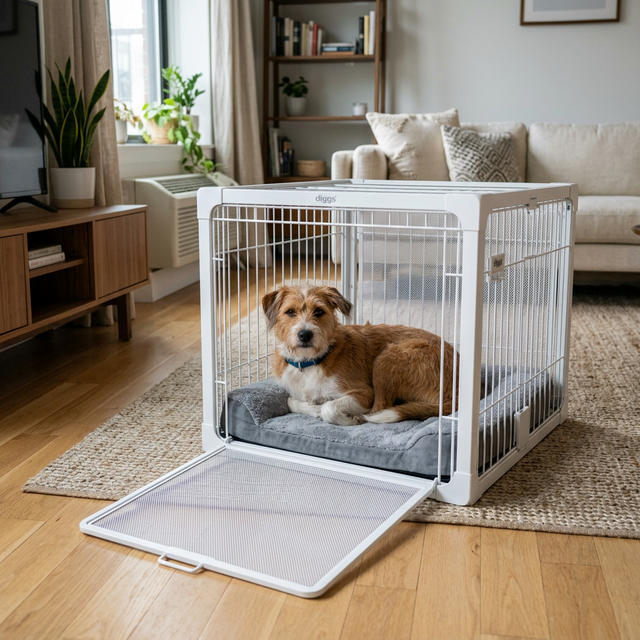 Diggs Revol white wire dog crate open on a living room area rug, mixed breed dog resting inside on grey pad, modern apartment interior in background