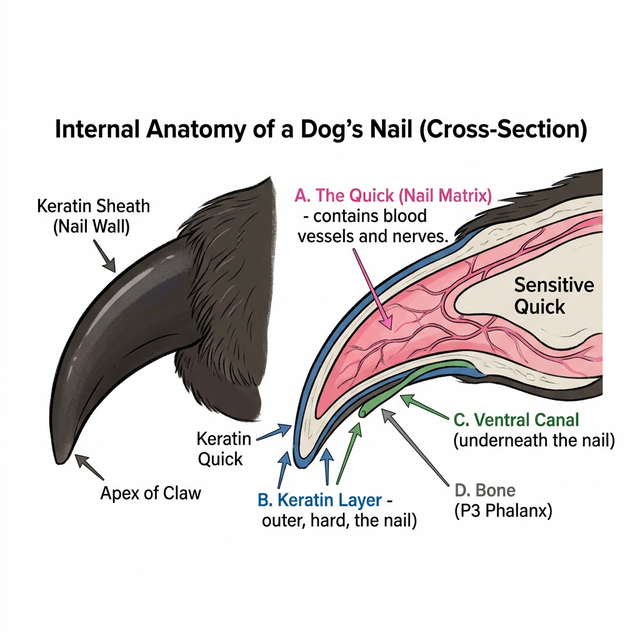 Anatomy diagram of a dog nail showing the quick, keratin sheath, and bone