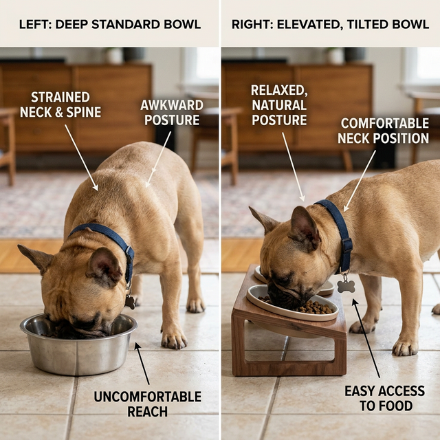 Comparison showing French Bulldog straining neck into a deep standard bowl (labeled "STRAINED NECK") vs relaxed eating from a shallow tilted elevated bowl (labeled "COMFORTABLE NECK POSITION")