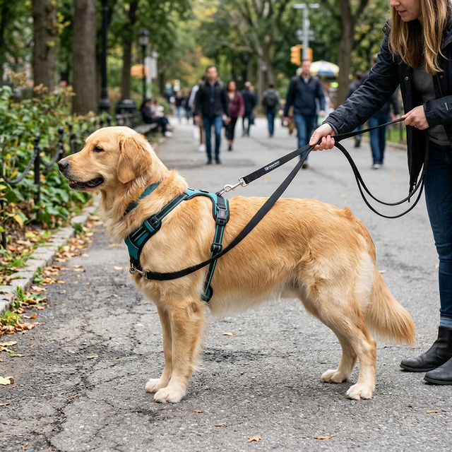 Two Hounds Design Freedom No-Pull harness on a golden retriever in Central Park, dual clip leash at chest and back, side profile