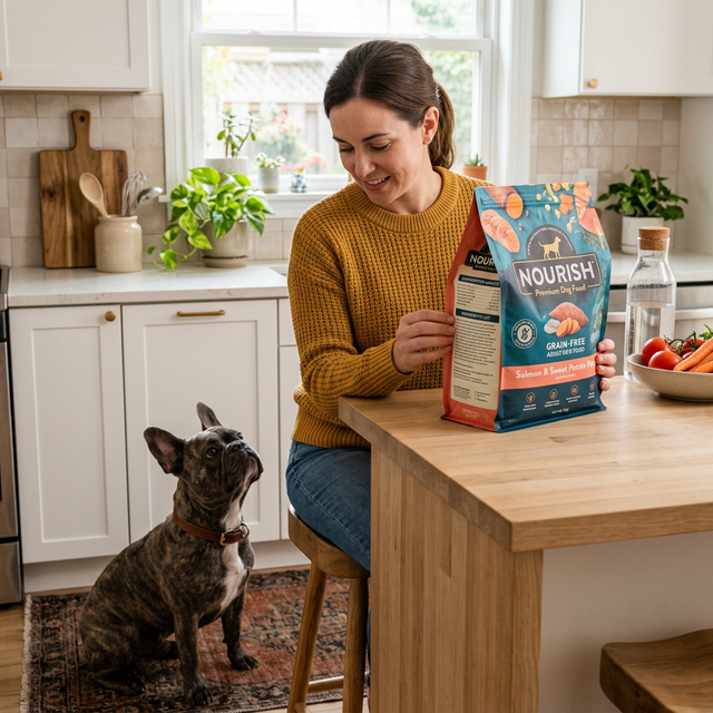 Owner reading ingredient list on a dog food bag while French Bulldog sits attentively beside her in a kitchen
