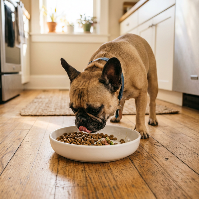 French Bulldog eating from a shallow wide white ceramic bowl on a wooden kitchen floor, face above bowl rim