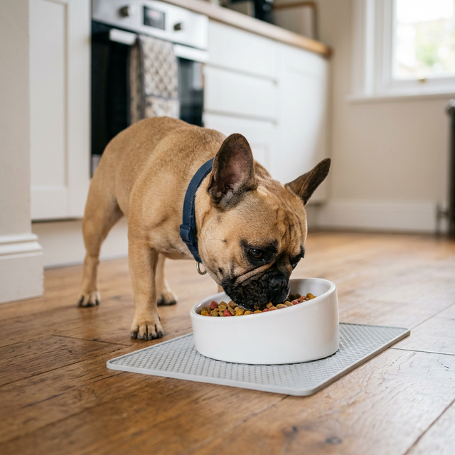 French Bulldog eating from a shallow tilted white bowl on a kitchen floor, face above bowl level