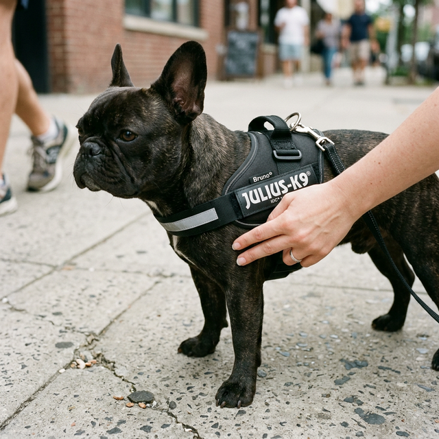 Julius-K9 IDC black powerharness on a brindle French Bulldog, owner checking two-finger fit under chest strap on sidewalk