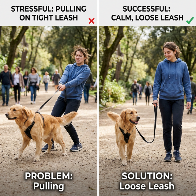 Comparison: left side showing dog pulling on tight leash vs right side showing calm dog on loose leash