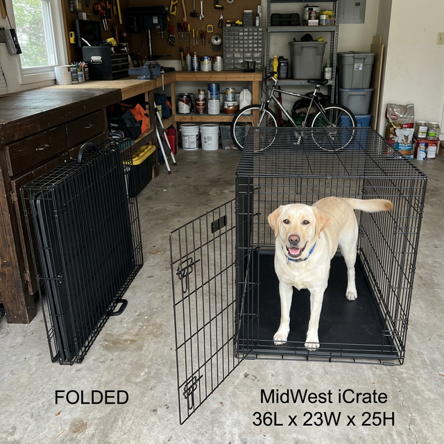 MidWest iCrate folded flat vs fully assembled with Lab inside, garage setting, dimensions shown